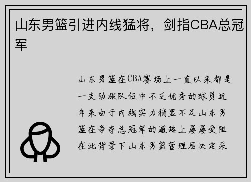 山东男篮引进内线猛将，剑指CBA总冠军